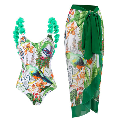 Blue One-Shoulder Ruffle Floral Monokini Swimsuit with Cover Up Sexy One Piece Beach Swimwear for Women Summer
