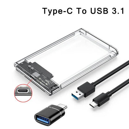 Clear 2.5 Inch SATA SSD HDD Enclosure - USB 3.0 Type-C External Hard Drive Case with UASP Support