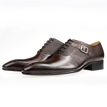 Men’s Genuine Leather Formal Shoes - Fashion Lace-Up Wedding Brogue Dress Shoes with Woven Design