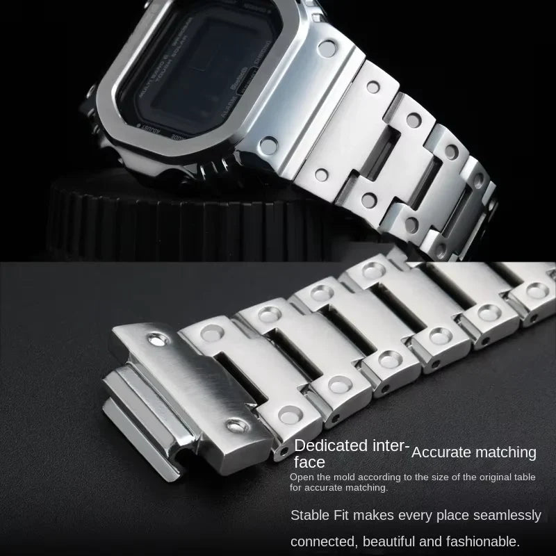Casio G-SHOCK DW5600 Mod Kit - Stainless Steel Case Bezel & Metal Strap Replacement Set for GW-M5610/GW-B5600