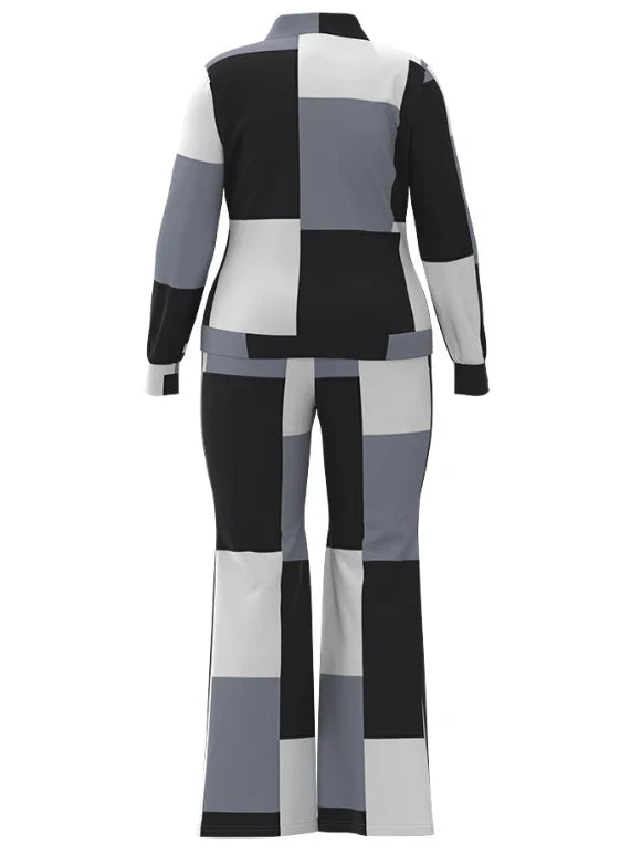Women’s 2023 Autumn Two-Piece Set – Geometric Print Stand Collar Zip-Up Top & Casual Sporty Pants
