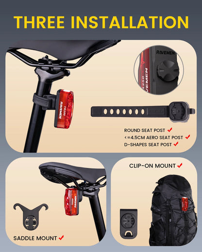 RAVEMEN TR250 Rechargeable Bike Rear Light – 250 Lumens LED Bicycle Taillight with Brake Sensor, Auto On/Off & IPX6 Waterproof Mount