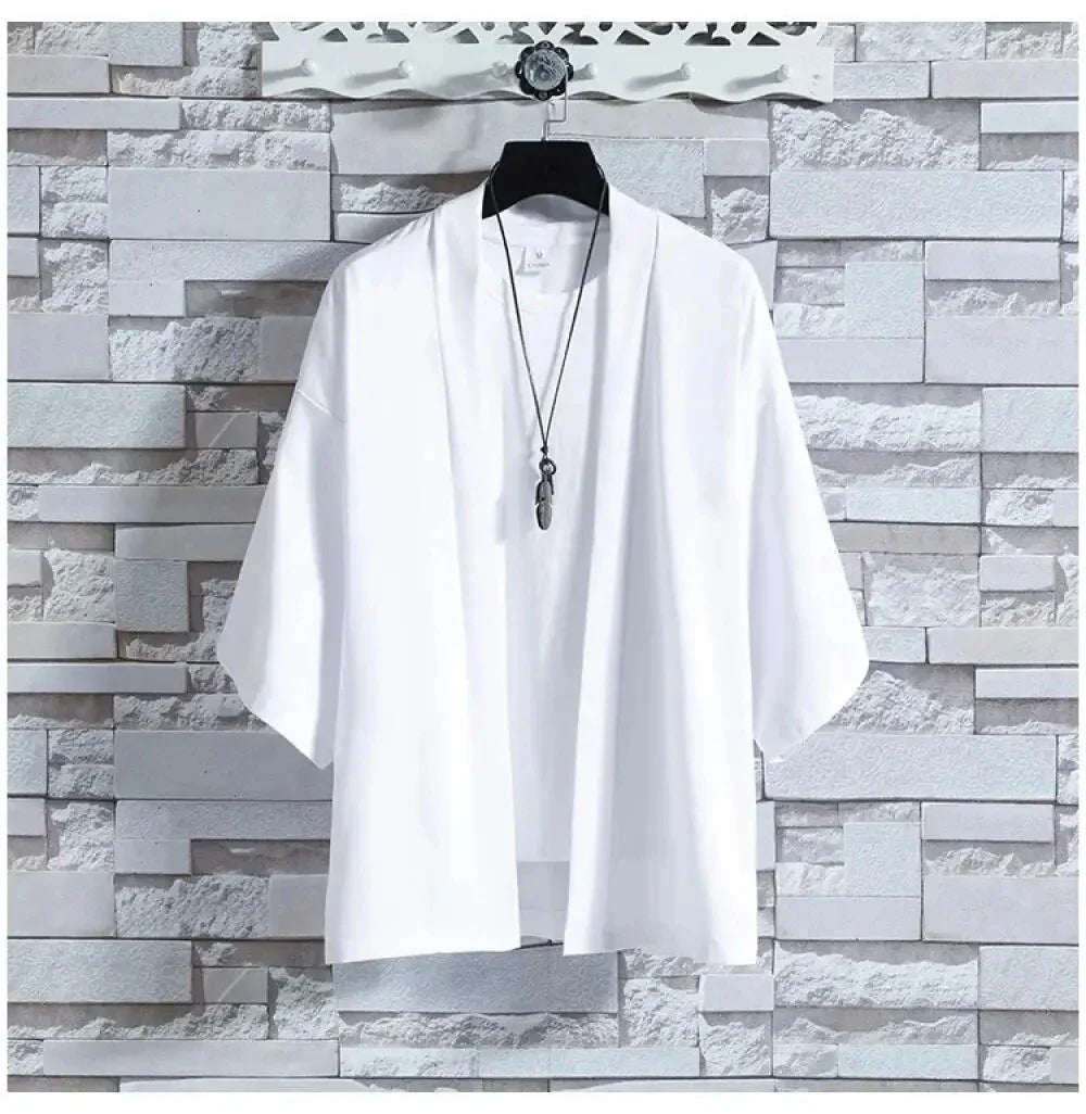 Men’s Casual Open Stitch Shirt - Lightweight Black Yukata Cardigan with 3/4 Sleeves for Summer Vacation