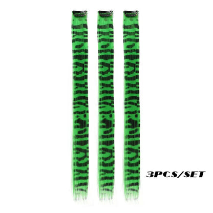 3-Piece Colorful Stripe Hair Extensions - Long Straight Synthetic Clip-In Hair Pieces for Parties & Halloween