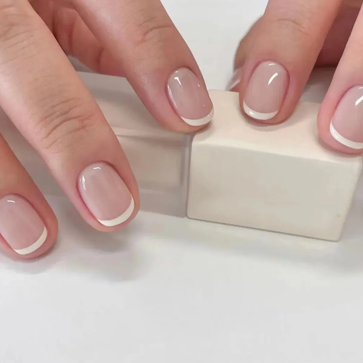 24Pcs Square Press On Nails - Nude White Gradient French False Nail Tips with Full Cover Short Design