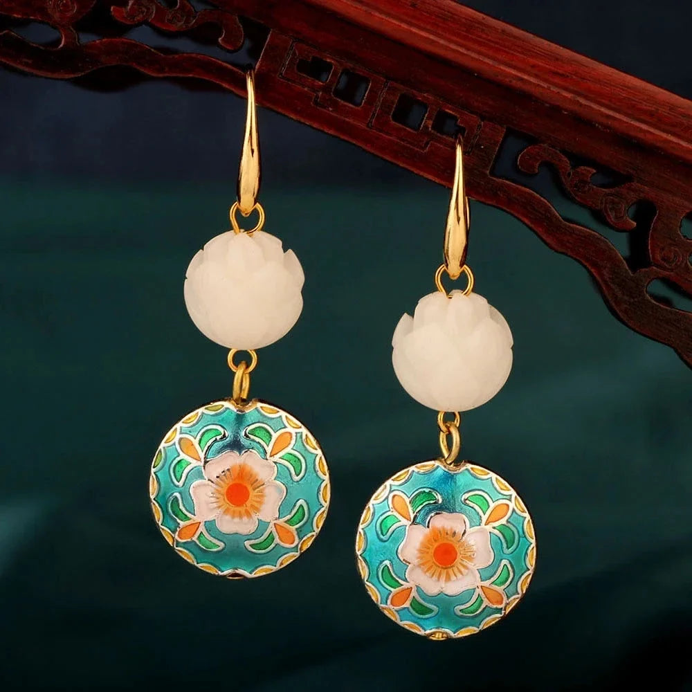 Vintage Flower Drop Earrings - Natural Stone Ethnic Jewelry for Women