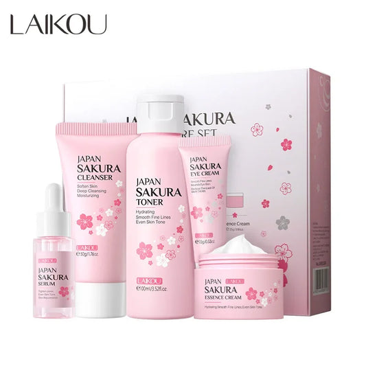 LAIKOU Sakura Skincare Set - 5 Piece Beauty Kit for Moisturizing, Pore Care & Fine Line Reduction