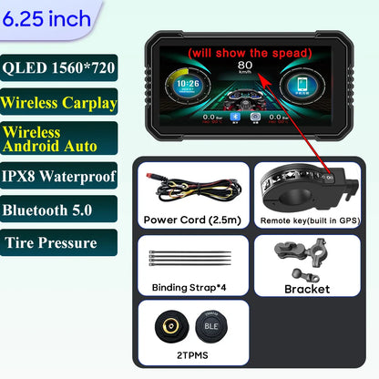 6.25-Inch Motorcycle GPS Navigation Screen with Wireless CarPlay & Android Auto – 1560x720 Resolution, Motor DVR Monitor, TPMS Optional