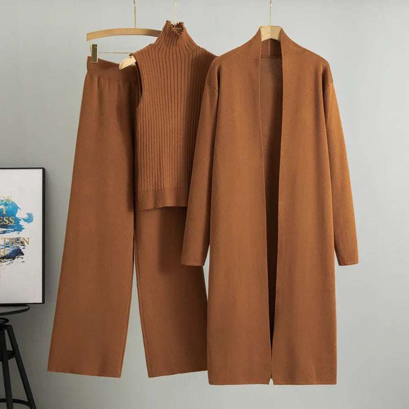 2025 Women’s 3-Piece Knitted Set – Elegant Winter & Autumn Cardigan, Sweater, and Wide-Leg Pants