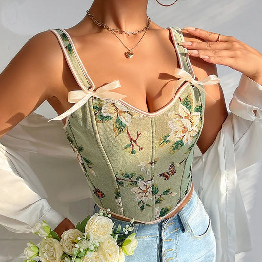 French Style Floral Corset Crop Cami – Bow Tie Lace-Up Spaghetti Strap Fitted Bustier Top for Women