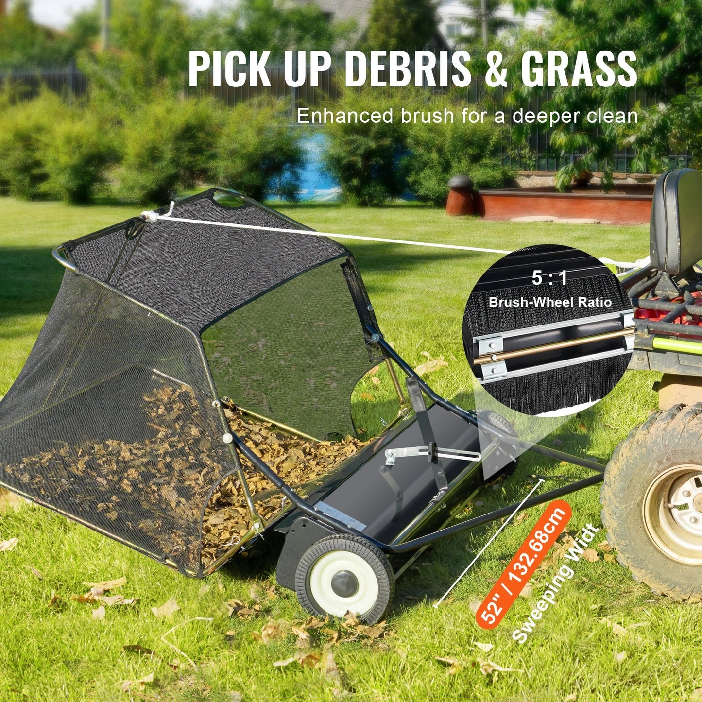 SucceBuy 52 Inch Lawn Sweeper - Heavy Duty Tow Behind Leaf and Grass Collector with 26CuFt Hopper