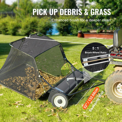 SucceBuy 52 Inch Lawn Sweeper - Heavy Duty Tow Behind Leaf and Grass Collector with 26CuFt Hopper