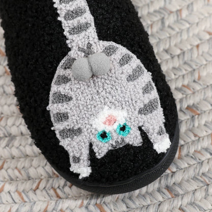 Embroidered Cat Plush Slippers - Warm Thick-Sole Non-Slip Indoor House Shoes for Men & Women
