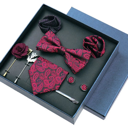 Men’s Luxury Silk Tie Set - 8cm Wedding Necktie with Bowtie, Pocket Square, Cufflinks & Floral Gift Box Accessories