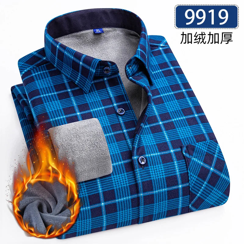 Men’s Fleece Plaid Shirt - Warm Thick Long Sleeve Business Check Shirt with Single Pocket for Autumn & Winter
