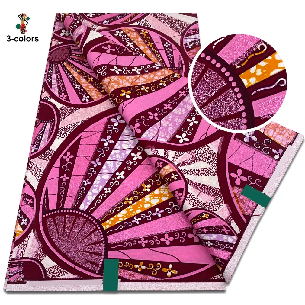 2026 African Glitter Glam Wax Fabric - 100% Cotton Golden Ankara Print 6 Yards