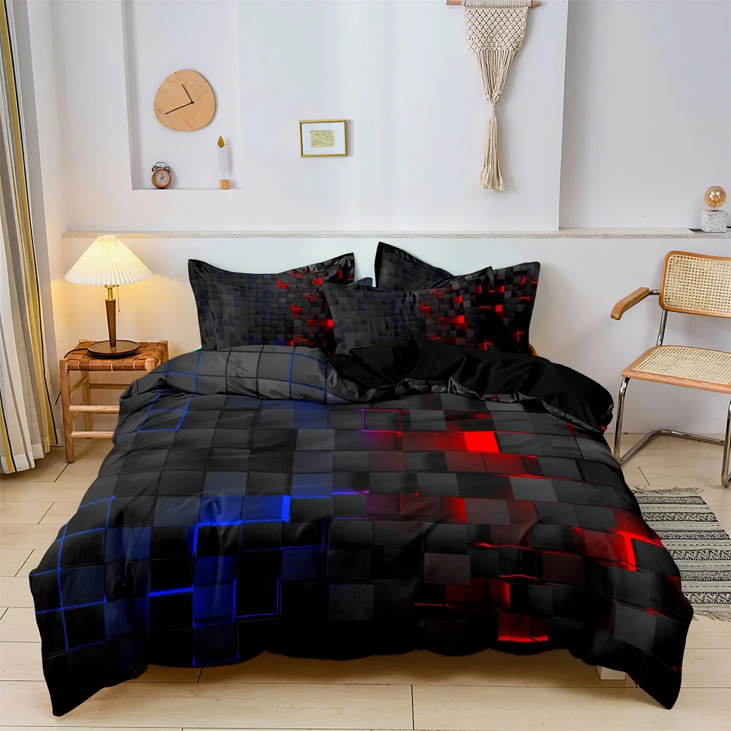 3PCS Geometric Grid Duvet Cover Set - Soft Plaid Bedding with 2 Pillowcases