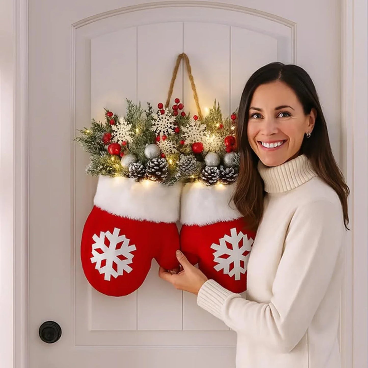 2025 Christmas Glove-Shaped Artificial Flower Garland Wreath — Window & Door Holiday Decoration