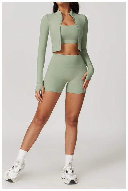 3PCS Women’s Yoga & Workout Set – Long Sleeve Zipper Top with High Waist Leggings Fitness Sportswear