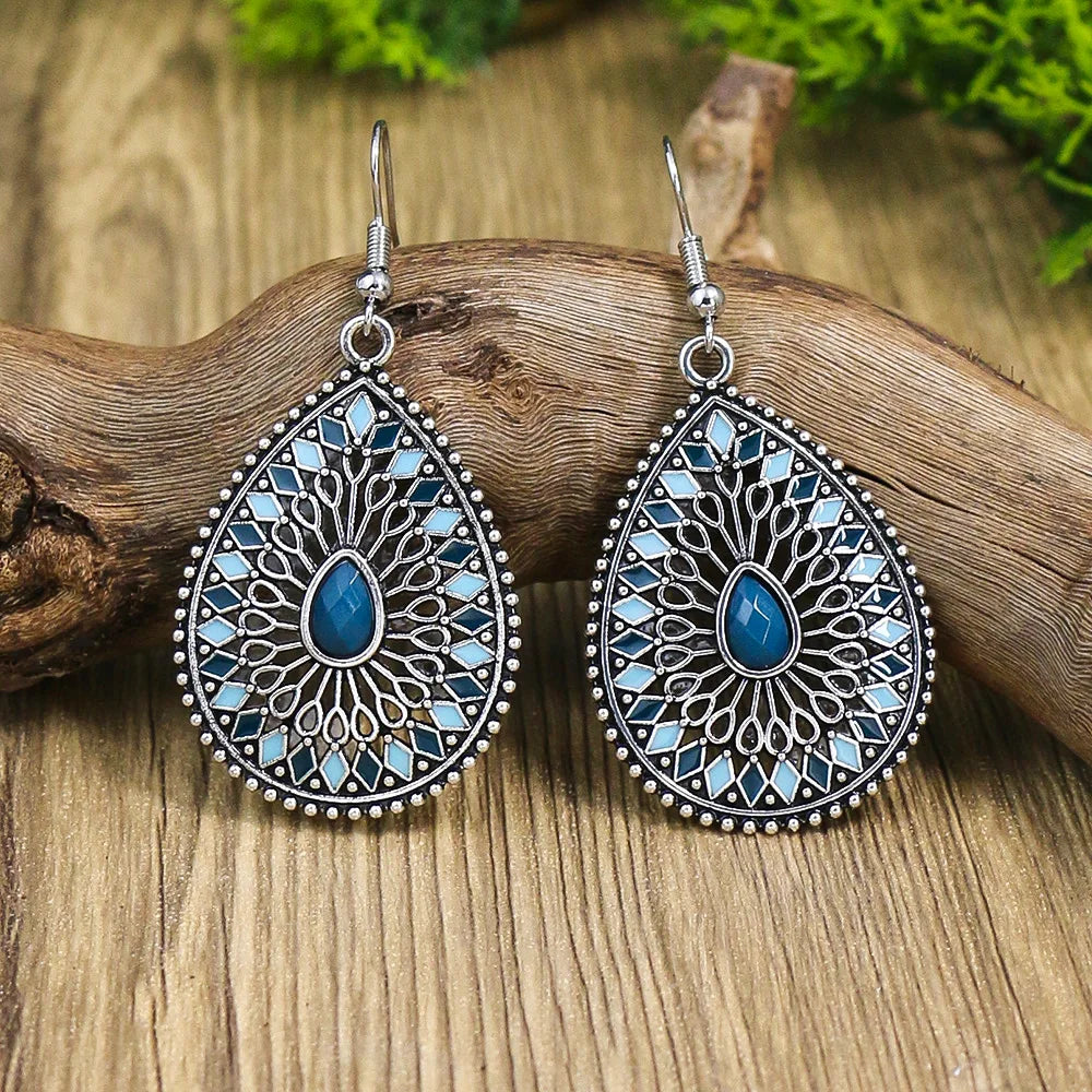 Blue Alloy Turquoise Bohemian Earrings - Retro Geometric Multi-Layer Statement Jewelry