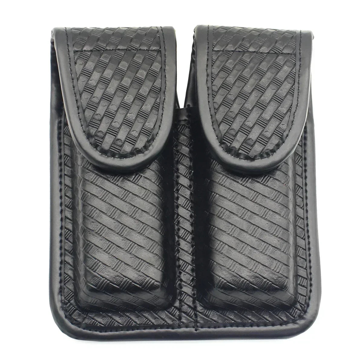 Tactical Black Basketweave Double Magazine Pouch - Leather Handgun Mag Holder with Snap Closure