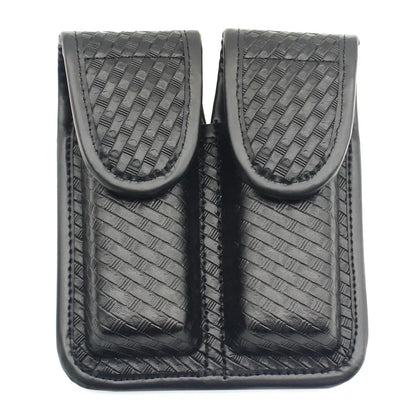Tactical Black Basketweave Double Magazine Pouch - Leather Handgun Mag Holder with Snap Closure