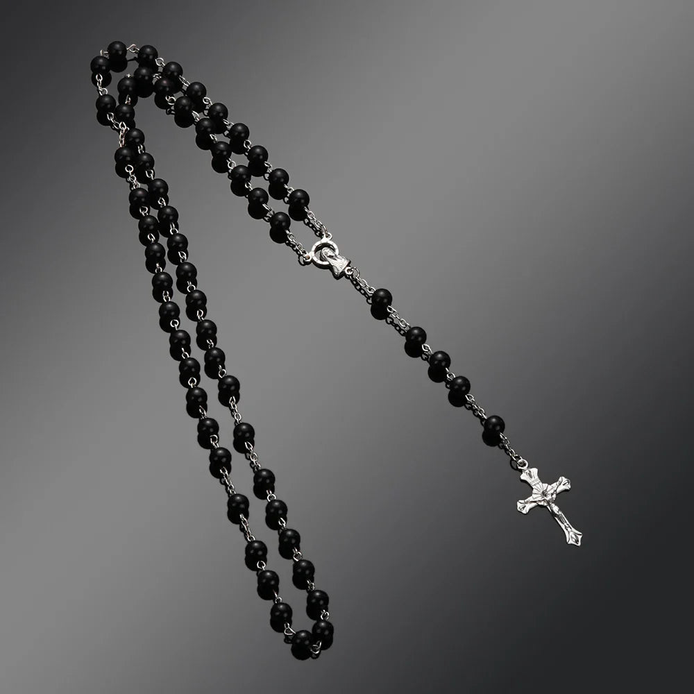 Rosary Beads Cross Necklace – Catholic Virgin Mary Pendant Chain Religious Jewelry Gift for Men & Women Prayer Charm