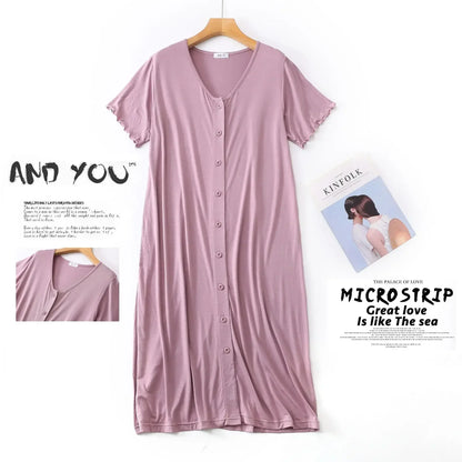 Women’s Modal Short-Sleeve Night Dress – Mid-Length Cotton Sleep Top with Buttons, Plus Size Pajamas