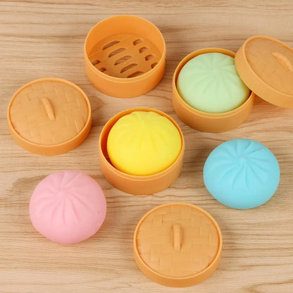 Colorful Dumpling Squishy Stress Balls – Fidget Sensory Toy, Food Simulation Bun with Steamer, Squeeze Dough Ball Gift