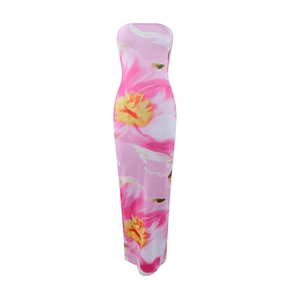 Women’s Floral Strapless Maxi Dress - High Waist Slim Fit Summer Vacation & Evening Party Dress
