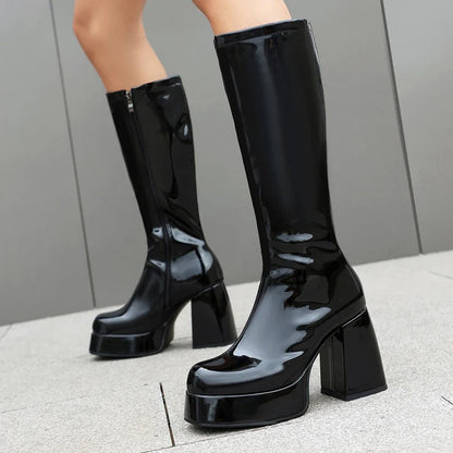 Women’s Plus Size Patent Leather Knee Boots - Square Toe Platform Thick Heel Plush Lined Side Zipper Boots