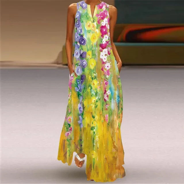 Women’s Retro V-Neck Summer Dress - Sleeveless Printed Maxi Swing Skirt with Loose Comfortable Fit