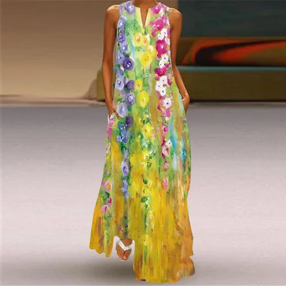 Women’s Retro V-Neck Summer Dress - Sleeveless Printed Maxi Swing Skirt with Loose Comfortable Fit