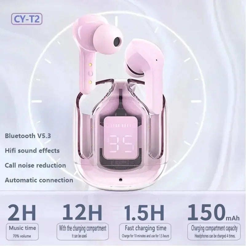 T2 Wireless Bluetooth Earphones - Transparent HiFi Stereo Headphones with LED Power Display