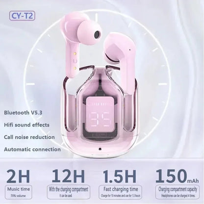 T2 Wireless Bluetooth Earphones - Transparent HiFi Stereo Headphones with LED Power Display