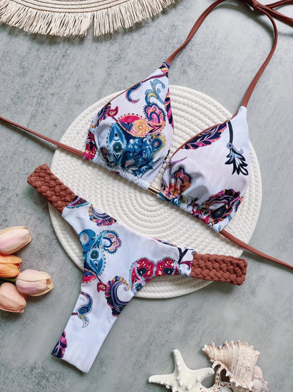 RUOTONSEPT Women’s Print Halter Bikini Set - High Cut Mini Thong Two-Piece Swimsuit Beach Swimwear