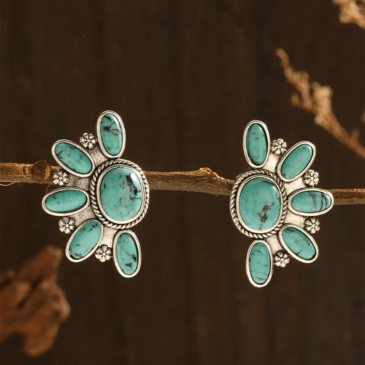 Vintage Tribal Gemstone Earrings - Women's Ethnic Style Rose Red Blue Fashion Jewelry Gift