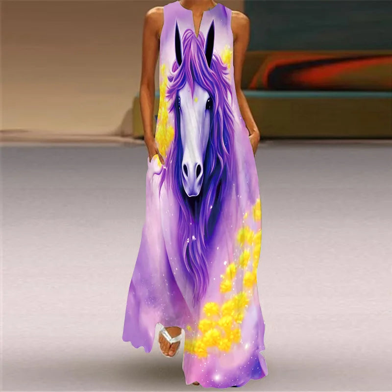 Vintage Boho Maxi Dress - Women's Summer V Neck Sleeveless Long Sundress with Pockets