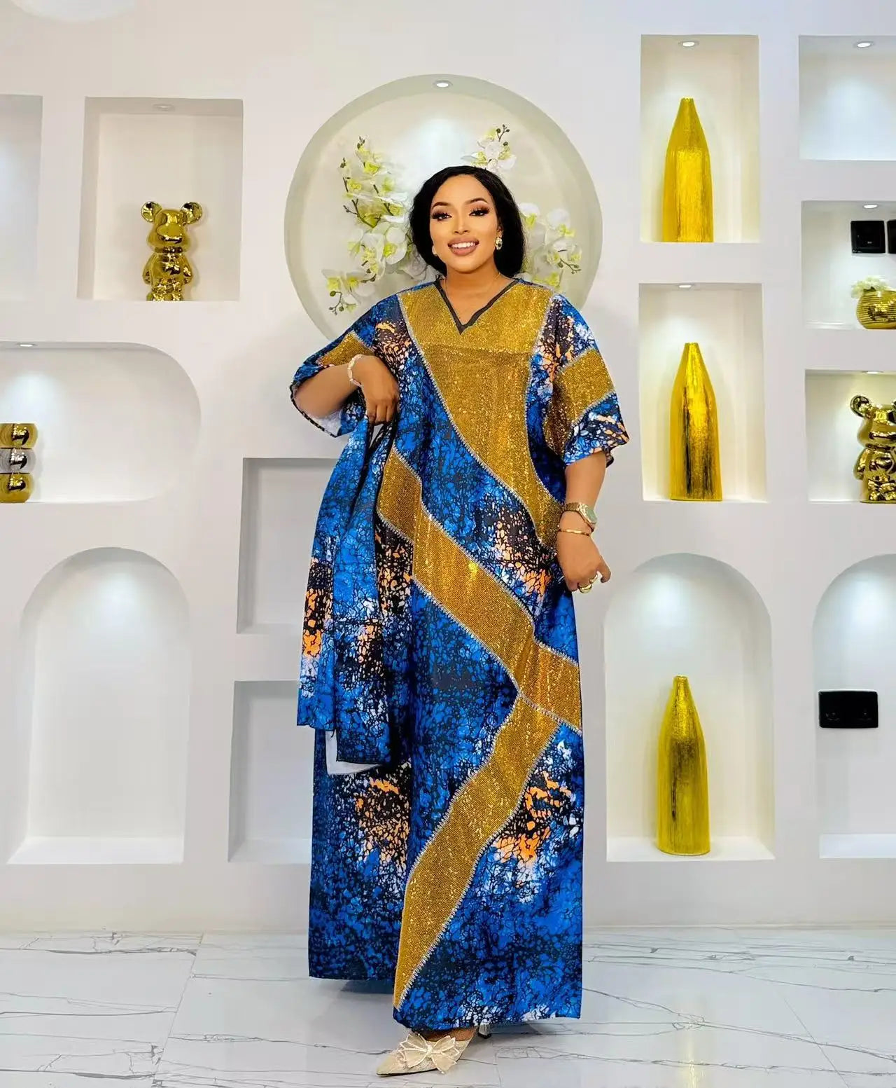 Women's African Ankara Maxi Dress - Loose Summer Long Print Short Sleeve