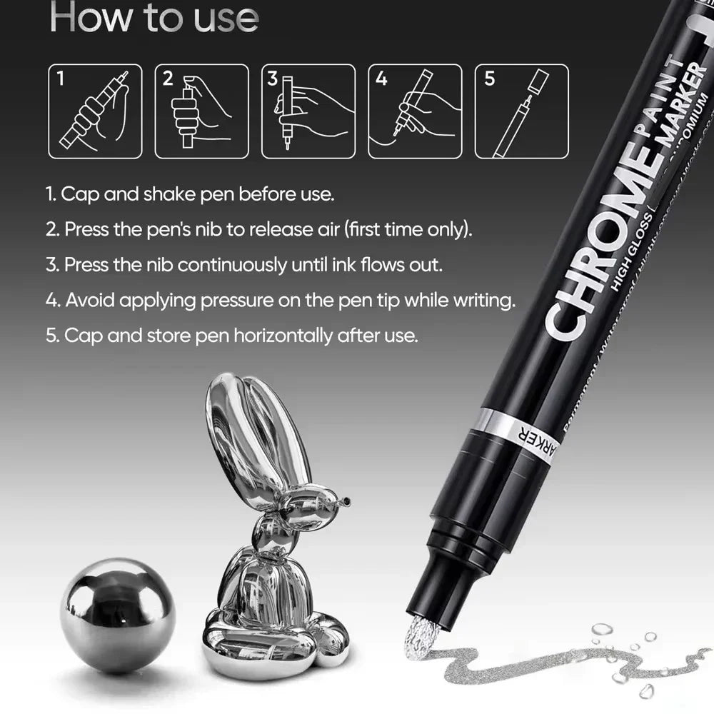 Chrome Paint Marker Pen - Waterproof Gold & Silver Metallic Repair Marker for Glass, Ceramic, Rock & Metal, 2mm Nib