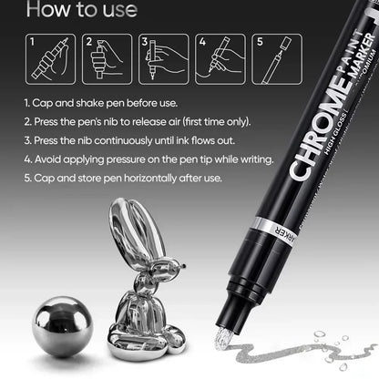 Chrome Paint Marker Pen - Waterproof Gold & Silver Metallic Repair Marker for Glass, Ceramic, Rock & Metal, 2mm Nib