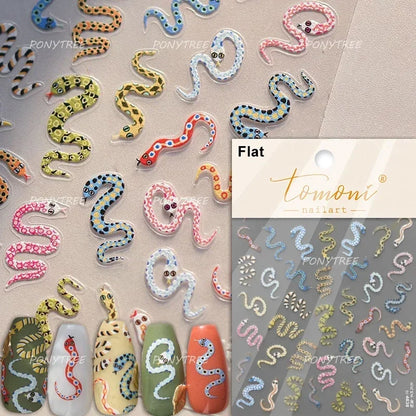 5D Gold Stamped Nail Art Stickers - Silver Sun Stars Snake Chinese Style Self-Adhesive Manicure Decals