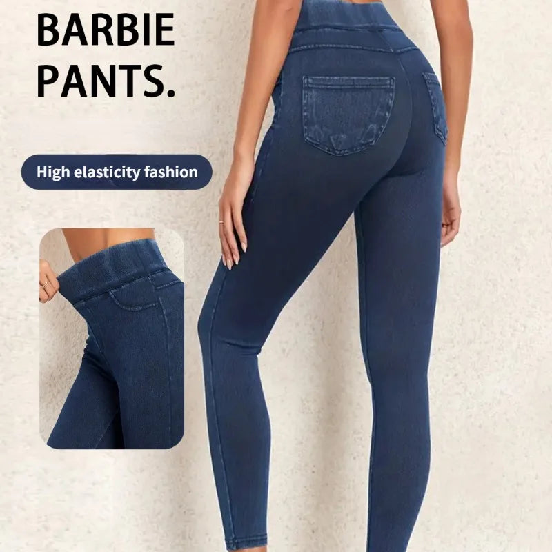 Women's Faux Denim Yoga Leggings - High Waist Stretch Fitness & Workout Skinny Tights