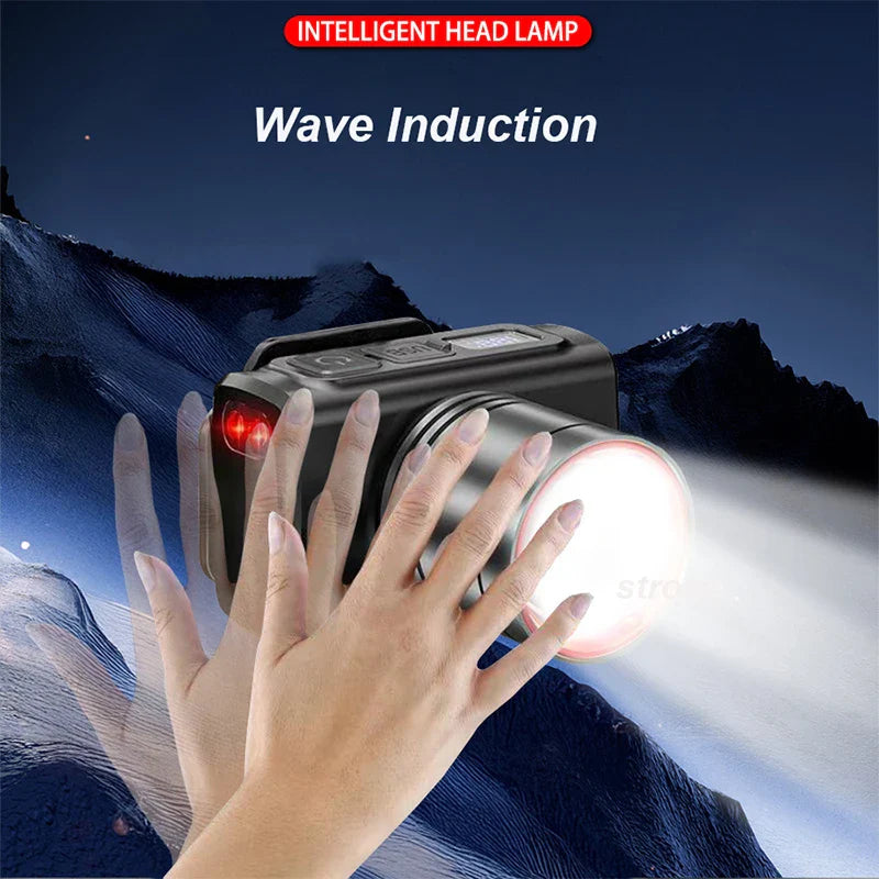 Rechargeable LED Headlamp – Super Bright Motion Sensor Front Head Light, Waterproof Outdoor Head Flashlight for Camping, Hiking & Night Work Use