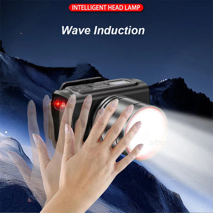 Rechargeable LED Headlamp – Super Bright Motion Sensor Front Head Light, Waterproof Outdoor Head Flashlight for Camping, Hiking & Night Work Use
