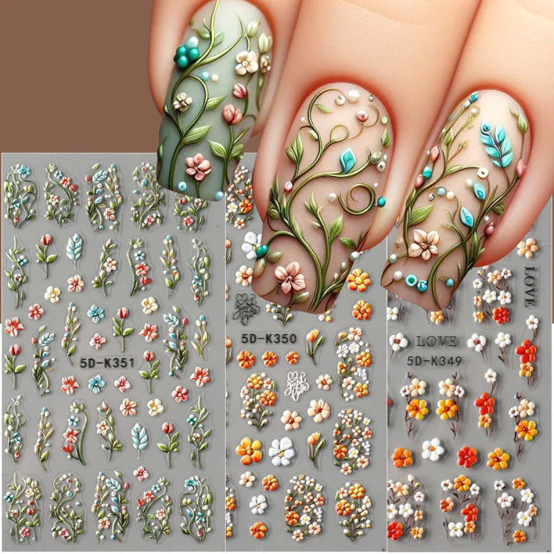 5D Daisy Nail Stickers - Embossed Spring Floral Self-Adhesive Decals for Acrylic Nail Art & DIY Manicure Decoration