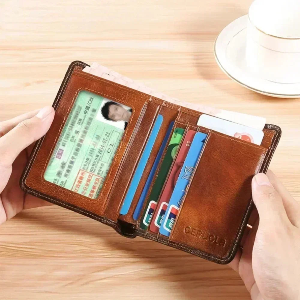 Genuine Leather Men’s RFID Blocking Trifold Wallet – Vintage Thin Short Multi-Function Card Holder ID Window Male Purse Money Wallet