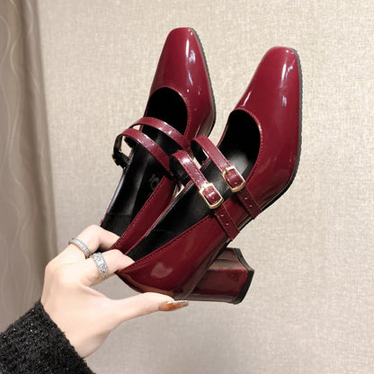 2025 Women’s Double Buckle Leather Shoes – Square Toe & Heel, Solid Color Spring & Autumn Footwear