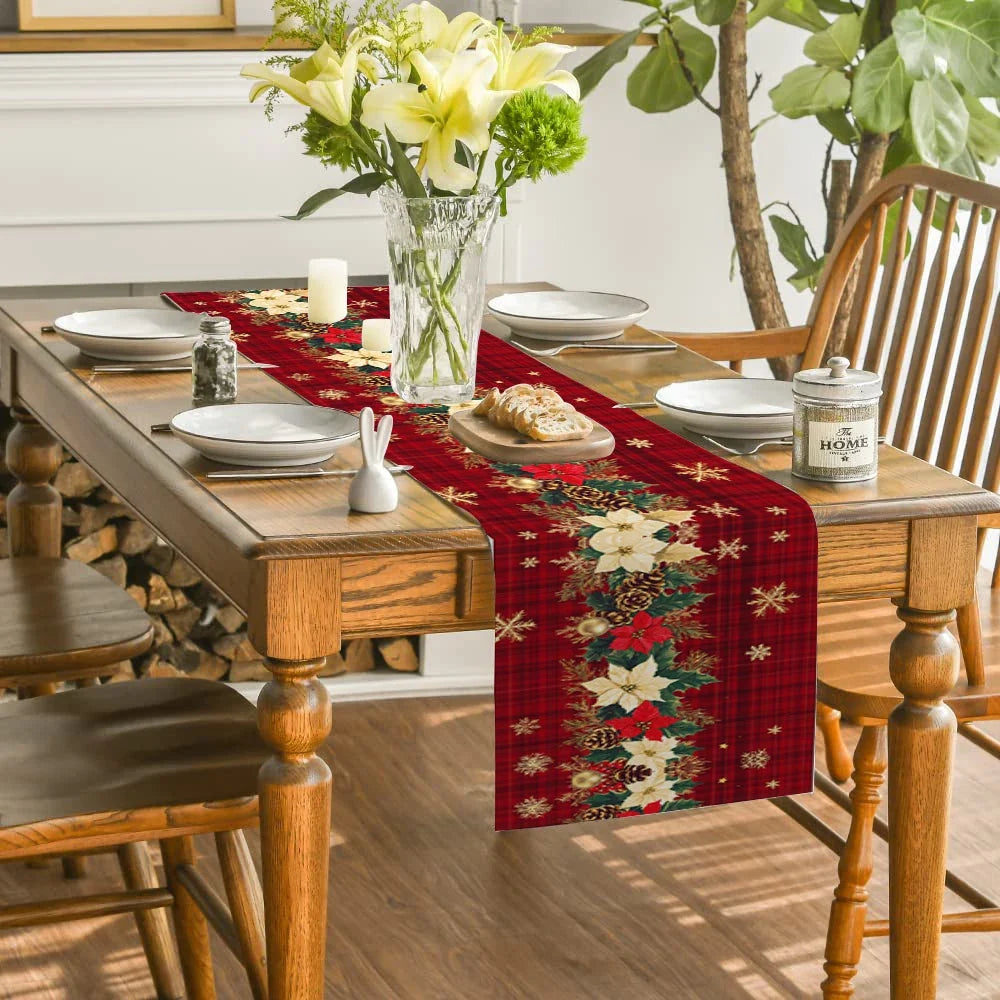 Christmas Poinsettia Table Runner - Holly Snowflake Holiday Dining Decor for Kitchen, Coffee Table & Party Settings