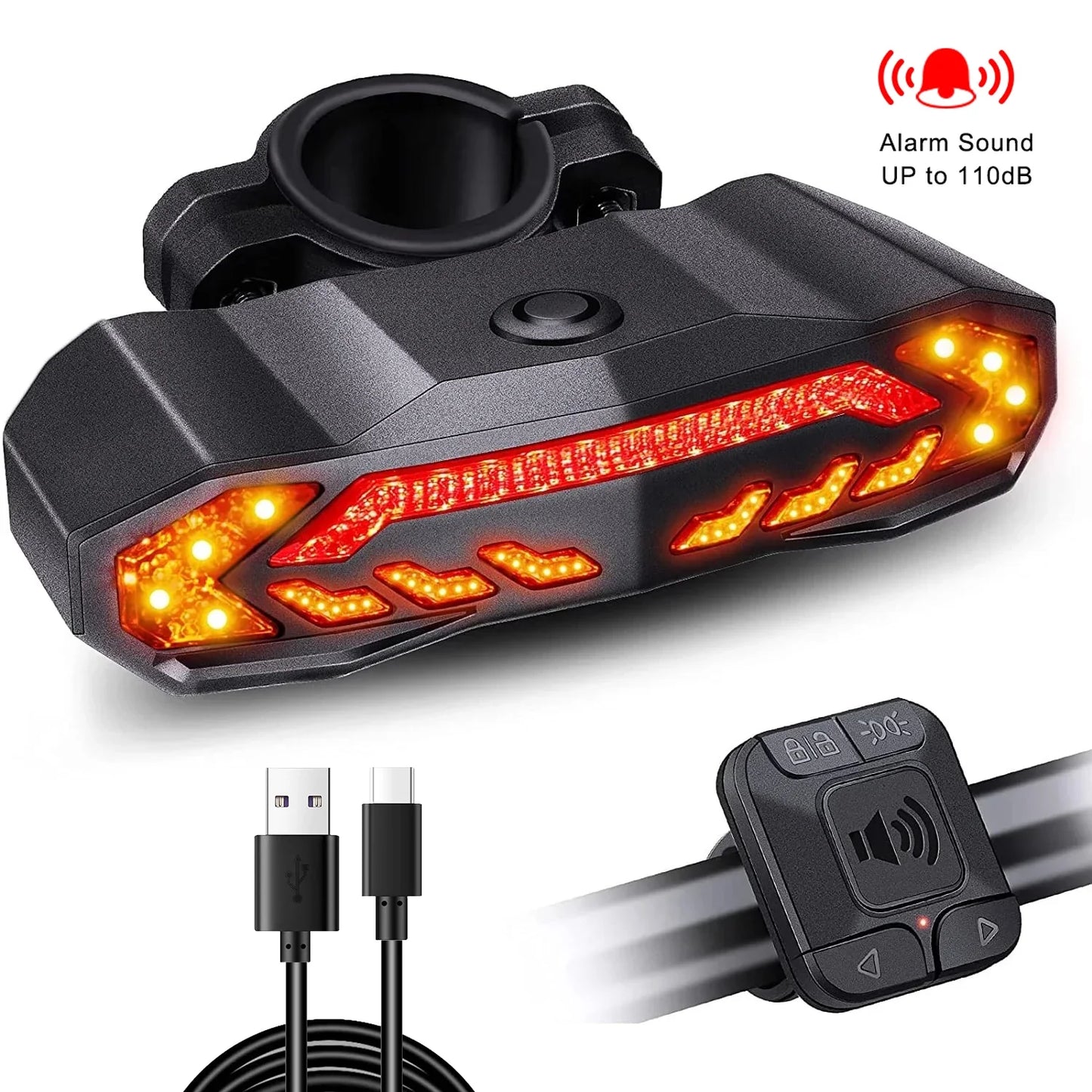 Wireless Bicycle Tail Light with Turn Signal & Anti-Theft Alarm – USB Rechargeable, IP65 Waterproof Brake Sensor Bike Light with Bracket